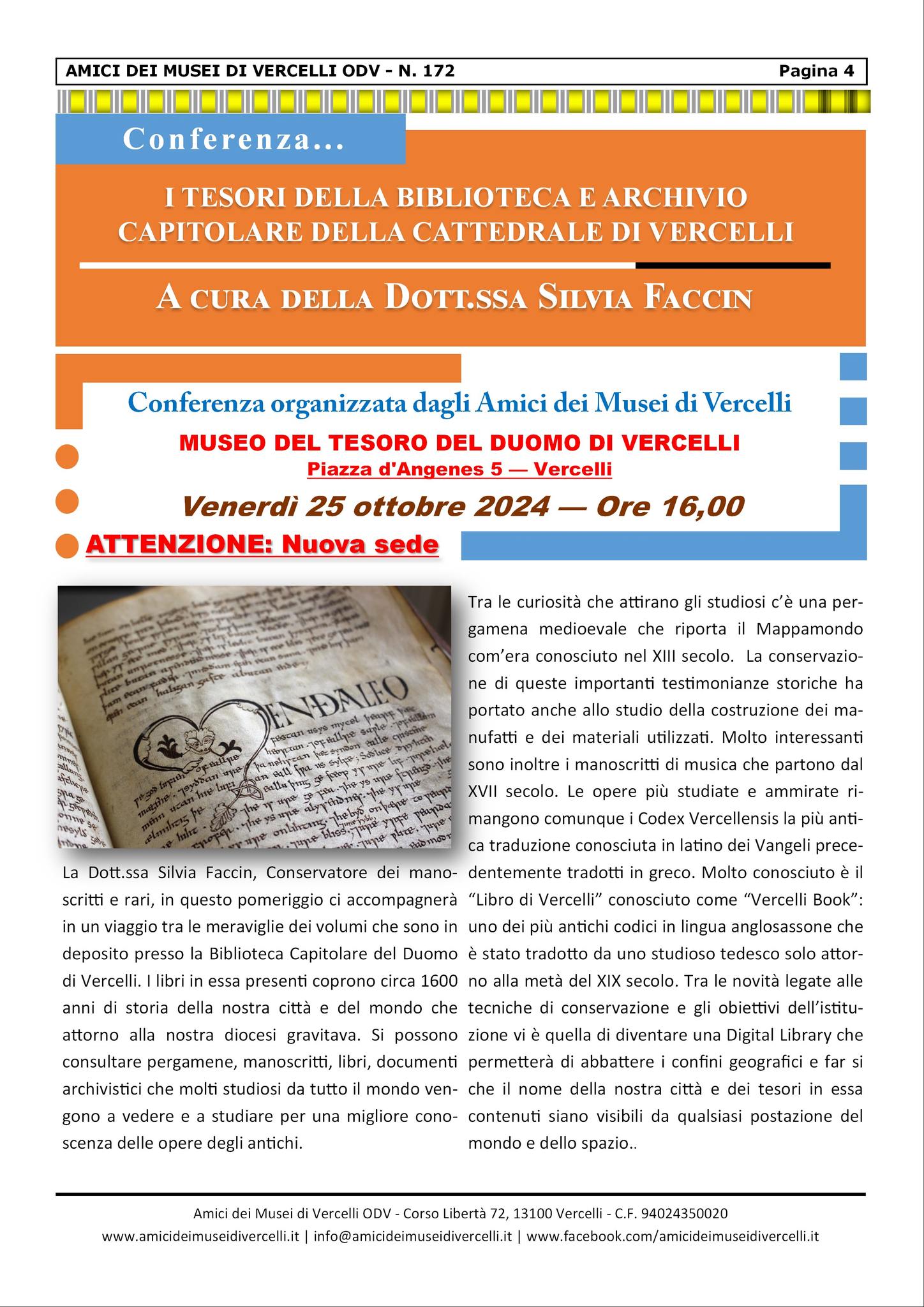 Locandina conferenza I tesori della biblioteca e archivio capitolare della cattedrale di Vercelli