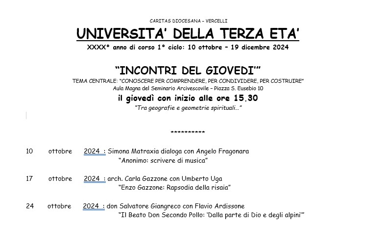 Programma incontri del giovedì