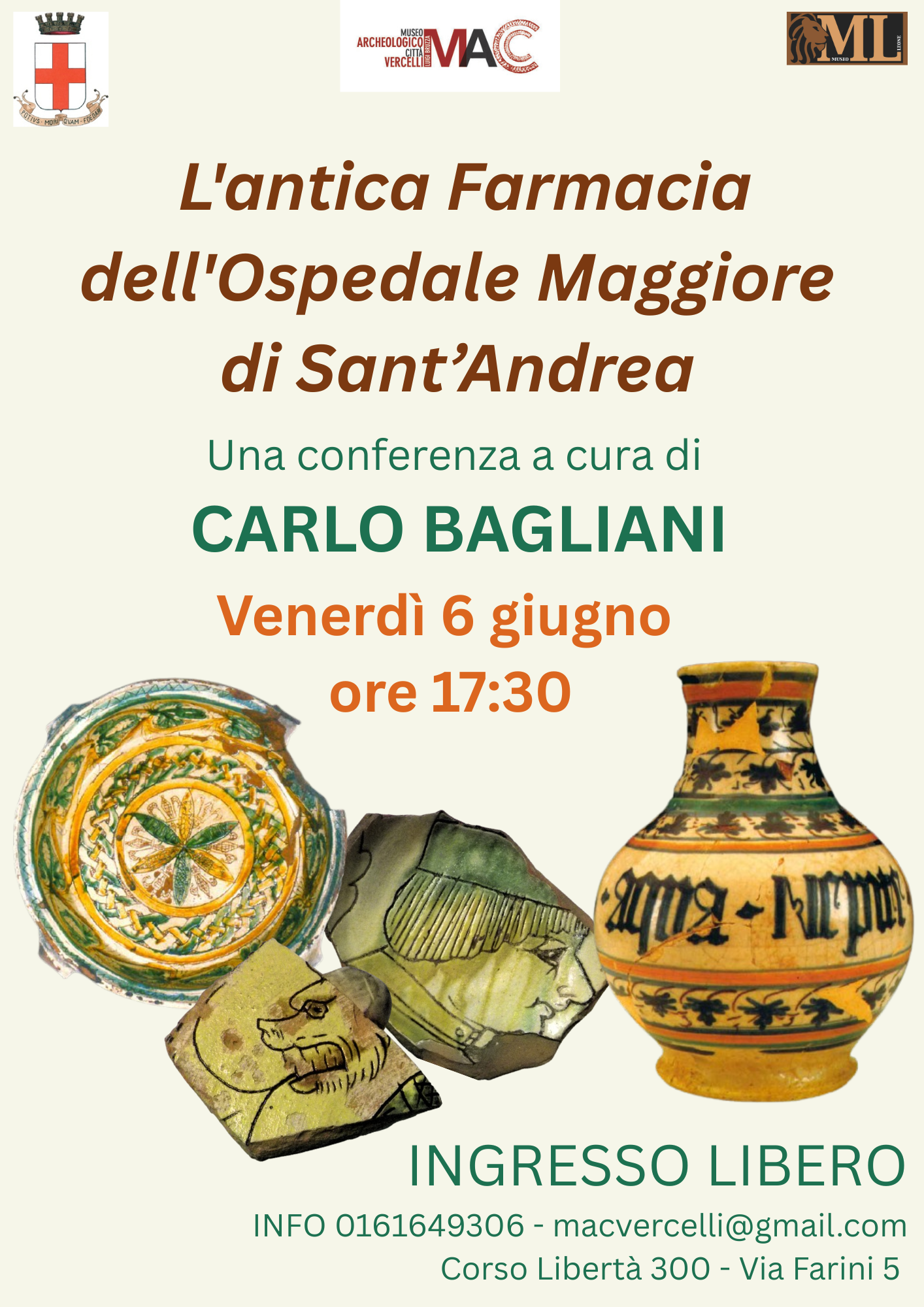 locandina conferenza L'antica Farmacia dell'Ospedale Maggiore di S.Andrea