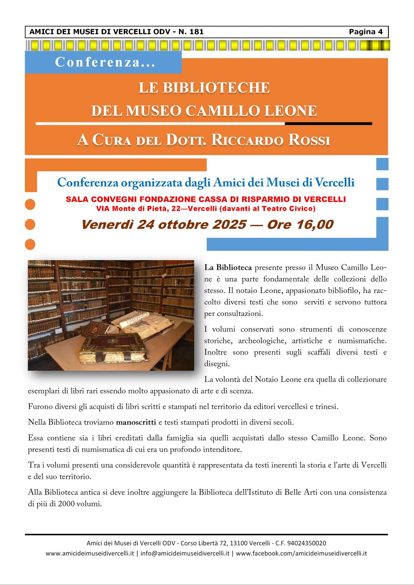 locandina conferenza le biblioteche del museo Camillo Leone